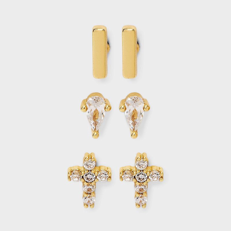 slide 1 of 4, 14K Gold Plated Cubic Zirconia Teardrop with Cross and Bar Flat Back Stud Earring Set 3pc - A New Day™ Gold, 3 ct
