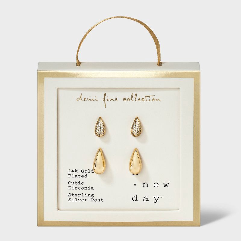 slide 3 of 3, 14K Gold Plated Cubic Zirconia Pave Puffy Teardrop Earring Set 2pc - A New Day™ Gold, 2 ct