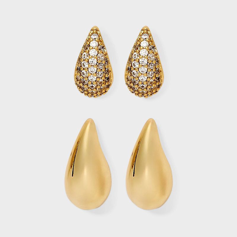 slide 1 of 3, 14K Gold Plated Cubic Zirconia Pave Puffy Teardrop Earring Set 2pc - A New Day™ Gold, 2 ct