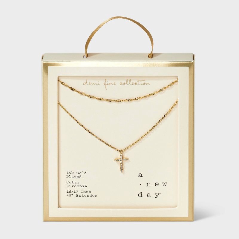slide 3 of 4, 14K Gold Plated Cubic Zirconia Cross Pendant Necklace - A New Day™ Gold, 1 ct