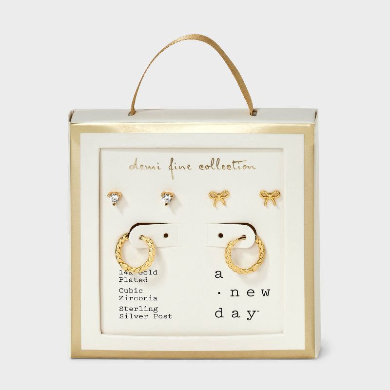 slide 3 of 3, 14K Gold Plated Cubic Zirconia Bow Stud and Twist Hoop Earring Set 3pc - A New Day™ Gold, 3 ct