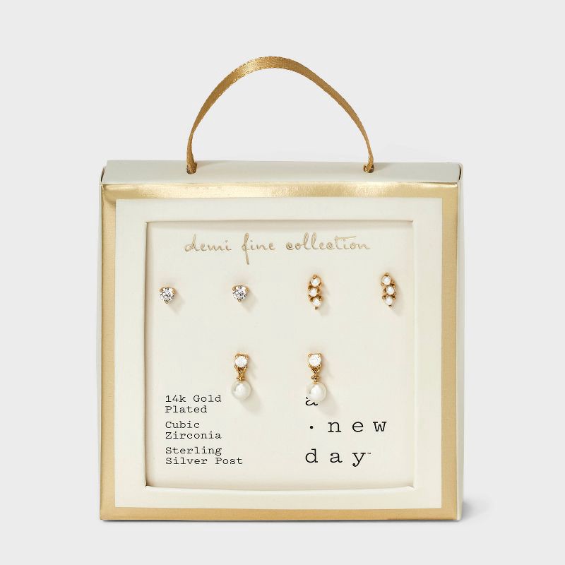 slide 2 of 3, 14K Gold Plated Cubic Zirconia Pearl Dangle Stud Earring Set 3pc - A New Day™ Gold, 3 ct