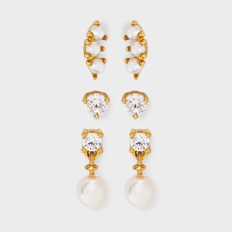 slide 1 of 3, 14K Gold Plated Cubic Zirconia Pearl Dangle Stud Earring Set 3pc - A New Day™ Gold, 3 ct