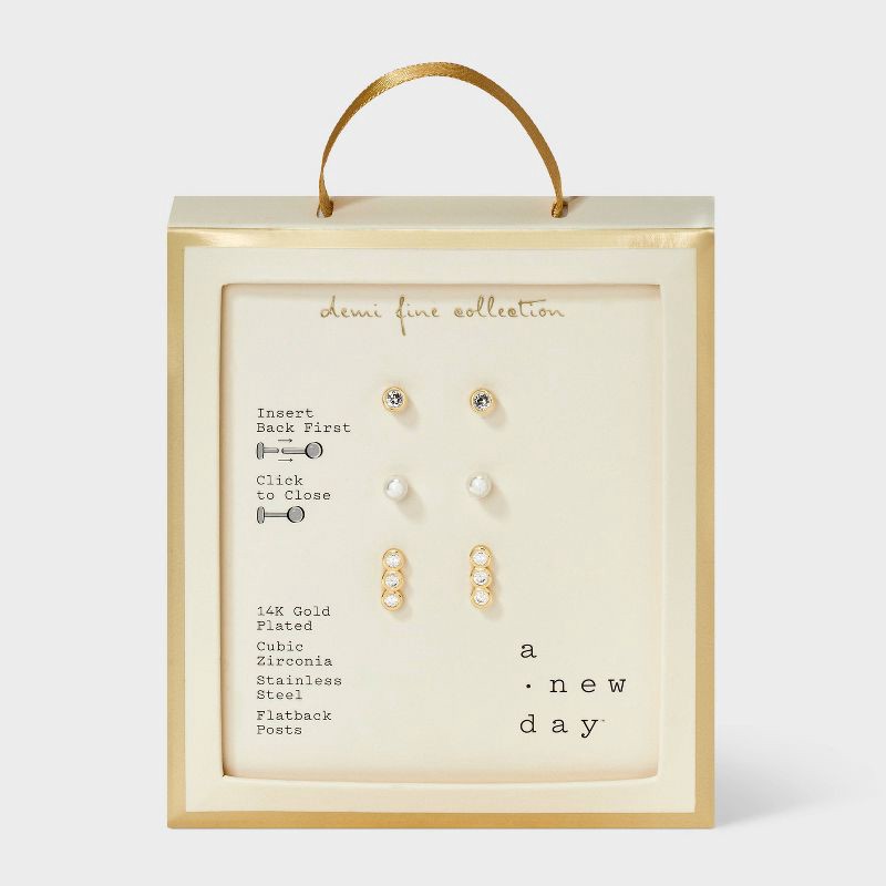 slide 2 of 4, 14K Gold Plated Cubic Zirconia Bezel and Simulated Pearl Flat Back Stud Earring Set 3pc - A New Day™ Gold, 3 ct