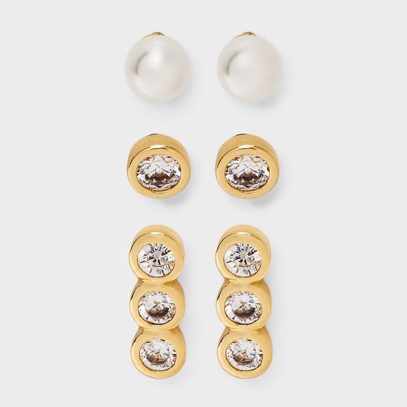 slide 1 of 4, 14K Gold Plated Cubic Zirconia Bezel and Simulated Pearl Flat Back Stud Earring Set 3pc - A New Day™ Gold, 3 ct