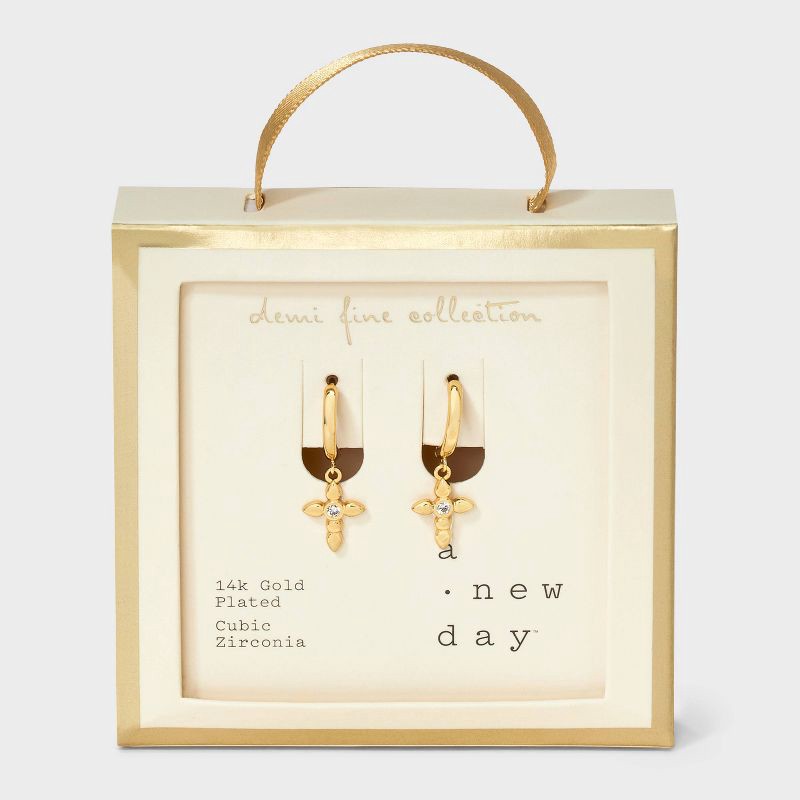 slide 3 of 3, 14K Gold Plated Cubic Zirconia Cross Charm Earrings - A New Day™ Gold, 1 ct