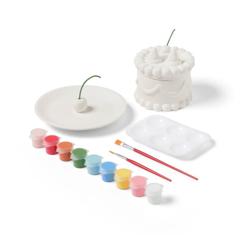 slide 3 of 4, 2ct Ceramic Cake Trinket Box and Cherry Ring Tray Painting Craft Kit - Mondo Llama™, 2 ct