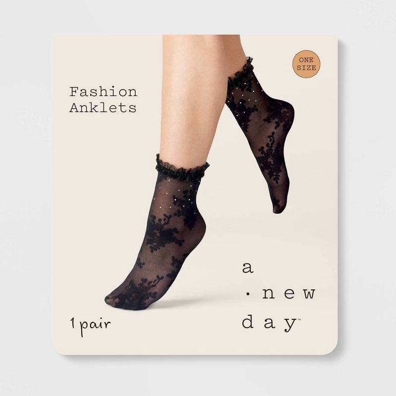 slide 2 of 2, Women's Floral with Rhinestones and Lace Trim Sheer Anklet Socks - A New Day™ Black One Size, 1 ct