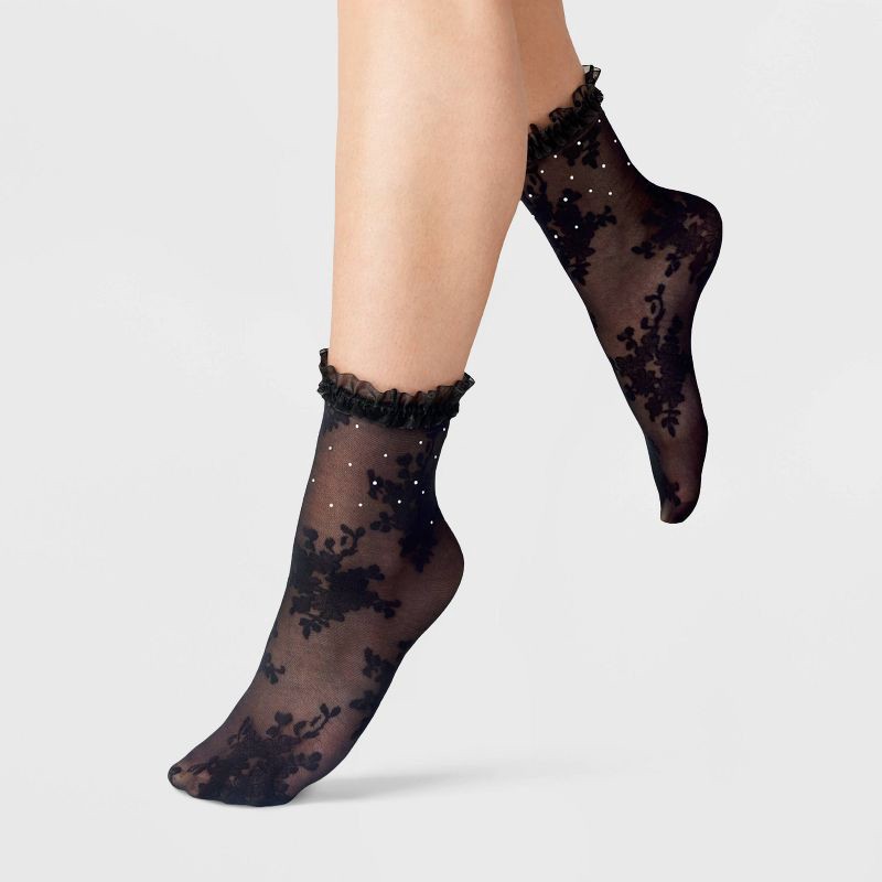 slide 1 of 2, Women's Floral with Rhinestones and Lace Trim Sheer Anklet Socks - A New Day™ Black One Size, 1 ct
