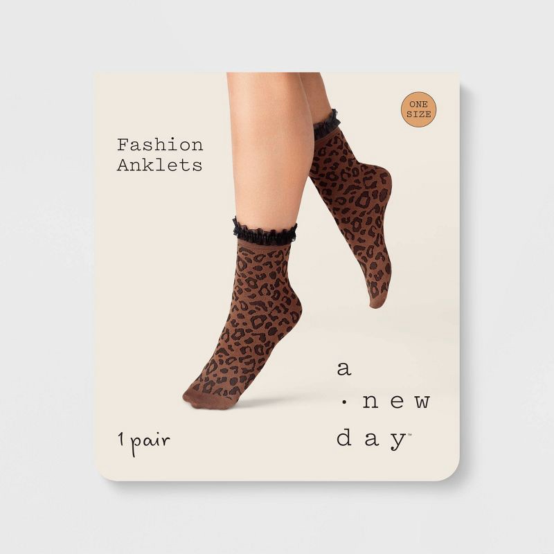 slide 2 of 2, Women's Ruffle Trim Knit Leopard Print Anklet Socks - A New Day™ Brown/Black One Size, 1 ct