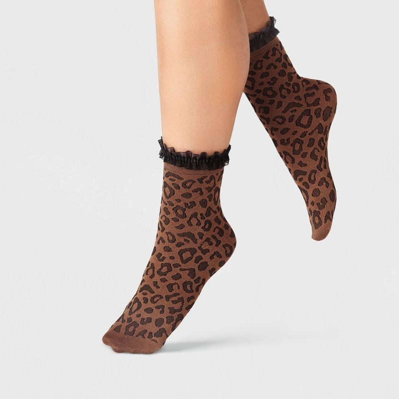 slide 1 of 2, Women's Ruffle Trim Knit Leopard Print Anklet Socks - A New Day™ Brown/Black One Size, 1 ct