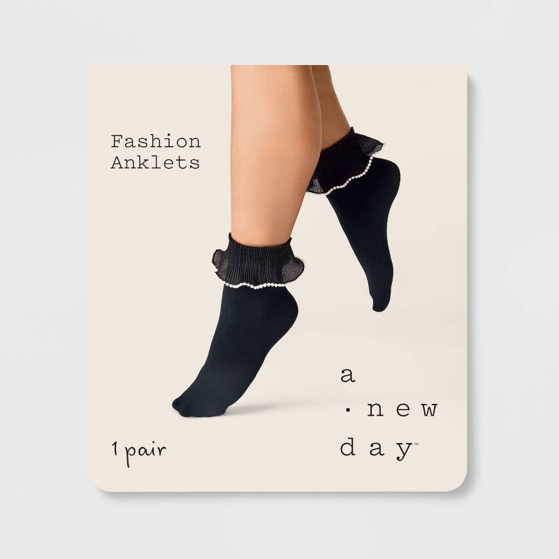 slide 2 of 2, Women's Pearl Trim Ruffle Opaque Anklet Socks - A New Day™ Black/White One Size, 1 ct
