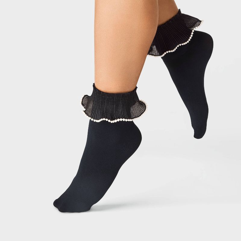 slide 1 of 2, Women's Pearl Trim Ruffle Opaque Anklet Socks - A New Day™ Black/White One Size, 1 ct