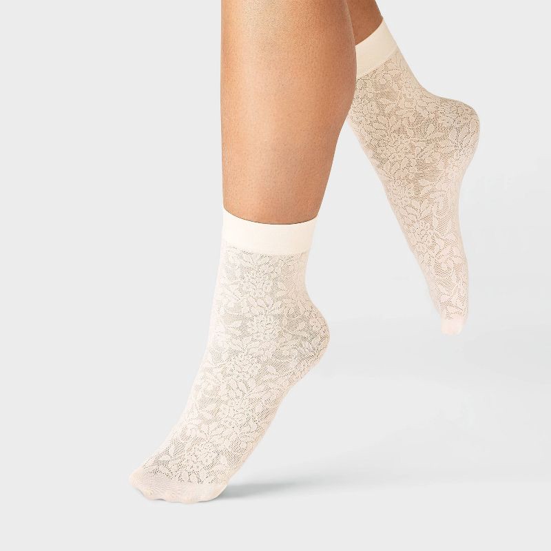 slide 2 of 3, Women's Floral Mesh 2pk Anklet Socks - A New Day™ Black/Ivory One Size, 2 ct