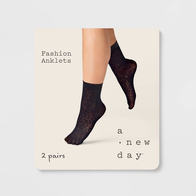 slide 3 of 3, Women's Floral Mesh 2pk Anklet Socks - A New Day™ Black/Ivory One Size, 2 ct