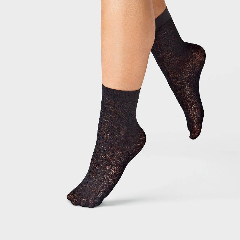 slide 1 of 3, Women's Floral Mesh 2pk Anklet Socks - A New Day™ Black/Ivory One Size, 2 ct
