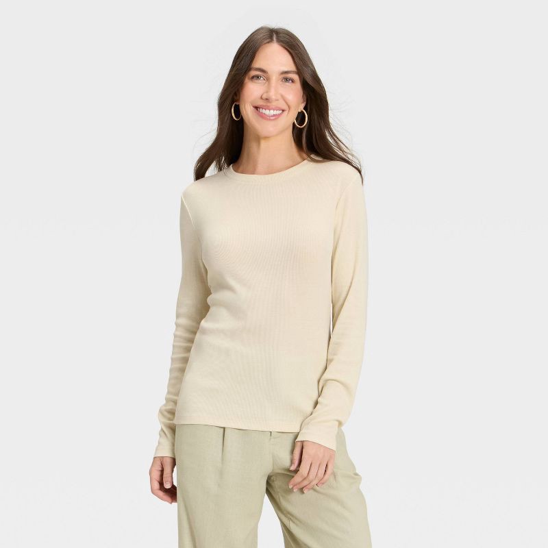 slide 1 of 4, Women's Slim Fit Long Sleeve Top - A New Day™ Cream S, 1 ct