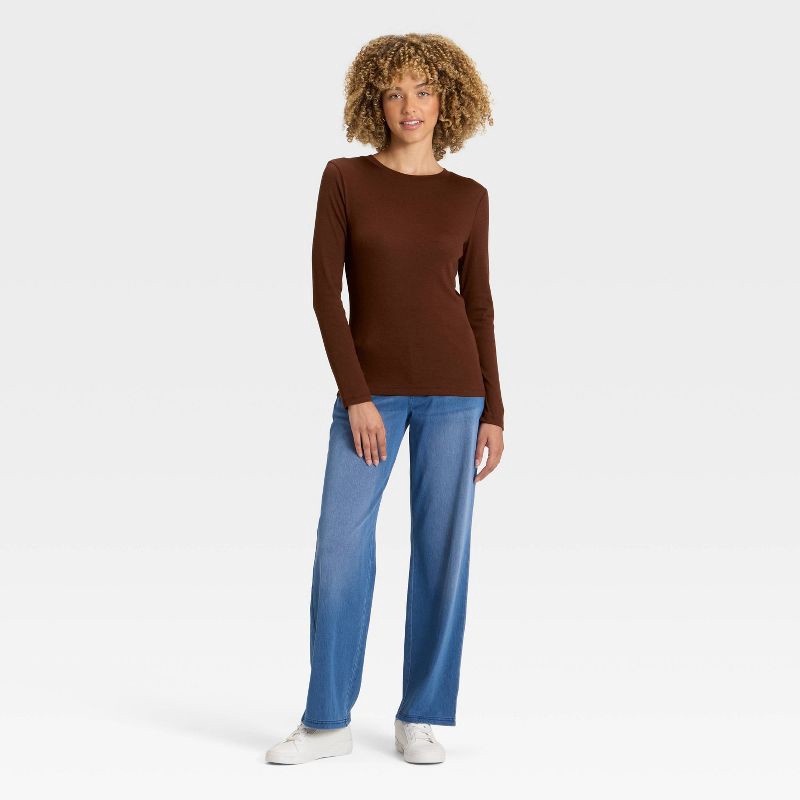 slide 3 of 4, Women's Slim Fit Long Sleeve Top - A New Day™ Dark Brown XS, 1 ct