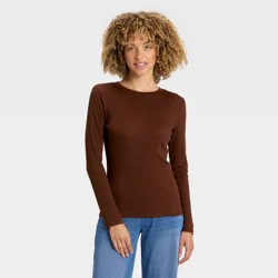 Women's Slim Fit Long Sleeve Top - A New Day™ Dark Brown S
