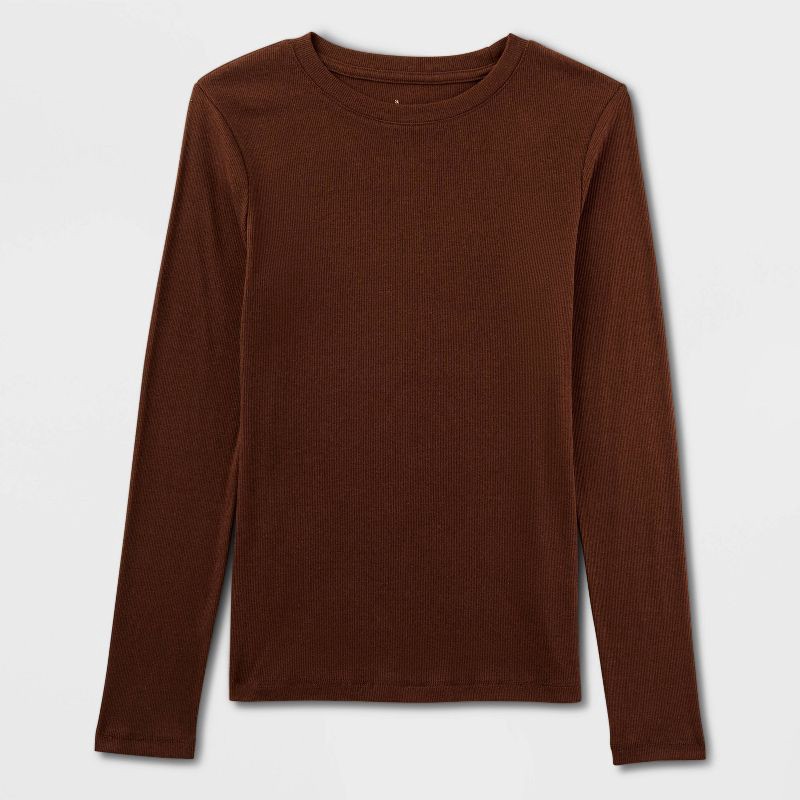 slide 4 of 4, Women's Slim Fit Long Sleeve Top - A New Day™ Dark Brown L, 1 ct