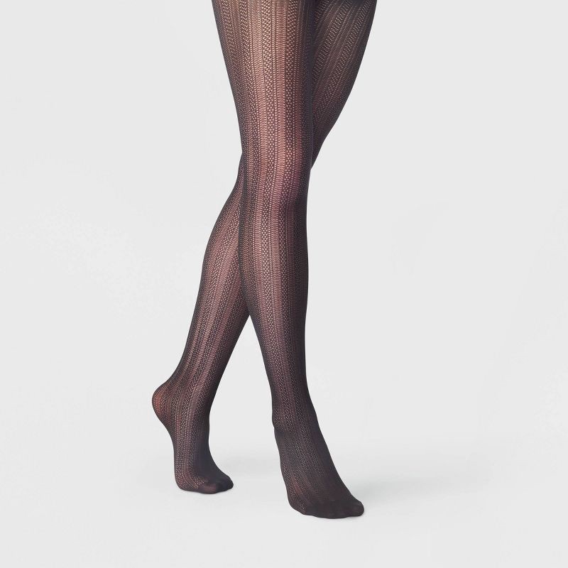 slide 1 of 2, Women's Vertical Striped Openwork Pointelle Tights - A New Day™ Black S/M, 1 ct