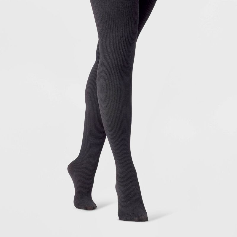slide 1 of 2, Women's Ribbed Fleece Lined Tights - A New Day™ Black S/M, 1 ct