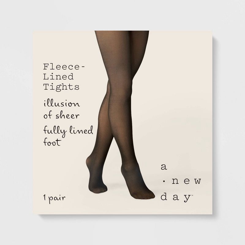 slide 2 of 2, Women's Flat Knit Sheer Illusion Fleece Lined Tights - A New Day™ Black S/M, 1 ct