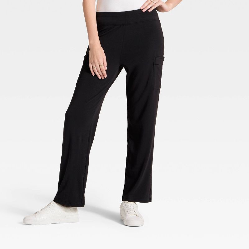 slide 1 of 3, Women's Super Soft Cargo Straight Leg Lounge Pants with Pockets - A New Day™ Black L, 1 ct