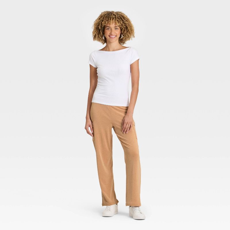 slide 3 of 3, Women's Super Soft Cargo Straight Leg Lounge Pants with pockets - A New Day™ Brown M, 1 ct
