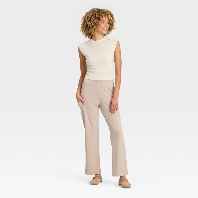 slide 3 of 3, Women's Super Soft Cargo Straight Leg Lounge Pants with Pockets - A New Day™ Oatmeal Heather S, 1 ct