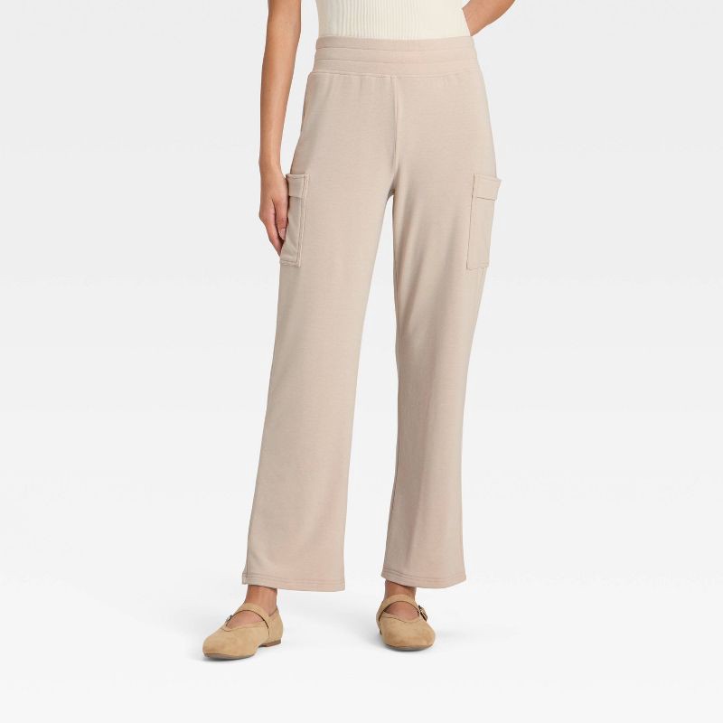 slide 1 of 3, Women's Super Soft Cargo Straight Leg Lounge Pants with Pockets - A New Day™ Oatmeal Heather L, 1 ct