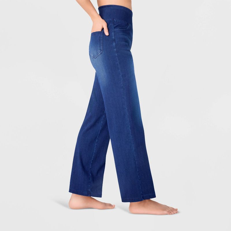 slide 1 of 3, Women's High Waist Wide Leg Stretchy Knit Jeans with Front and Back Pockets - A New Day™ Dark Blue L, 1 ct