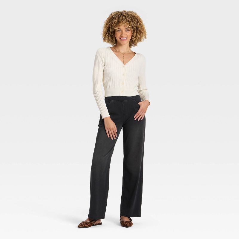slide 3 of 3, Women's High Waist Wide Leg Stretchy Knit Jeans with Front and Back Pockets - A New Day™ Washed Black S, 1 ct