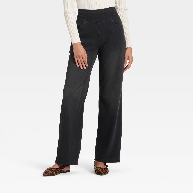 slide 1 of 3, Women's High Waist Wide Leg Stretchy Knit Jeans with Front and Back Pockets - A New Day™ Washed Black XL, 1 ct