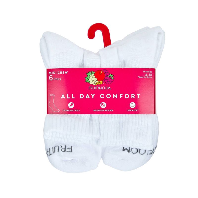 slide 4 of 6, Fruit of the Loom Women's 6pk Mid Crew Socks - White, 6 ct