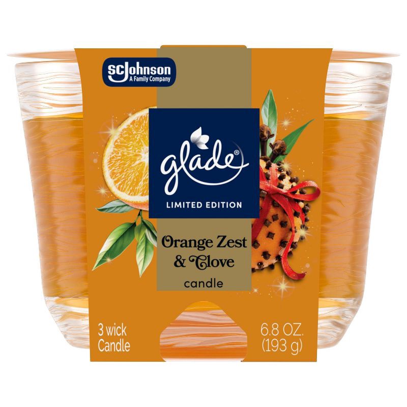 slide 4 of 11, Glade 3 Wick Holiday Scented Christmas Candle for Stocking Stuffers - Orange Zest & Clove - 6.8oz, 6.8 oz