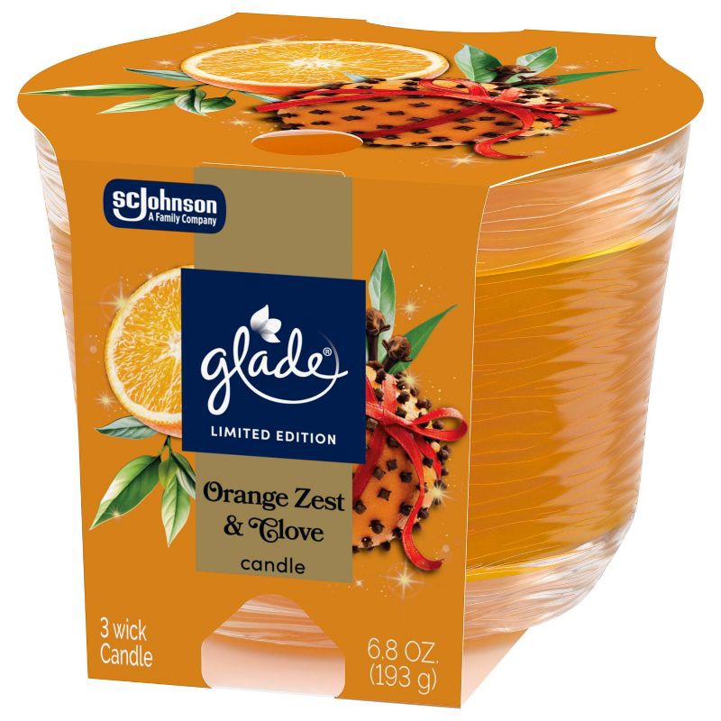 slide 10 of 11, Glade 3 Wick Holiday Scented Christmas Candle for Stocking Stuffers - Orange Zest & Clove - 6.8oz, 6.8 oz