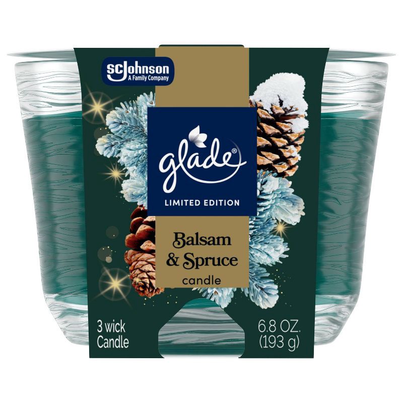 slide 4 of 11, Glade 3 Wick Holiday Scented Christmas Candle for Stocking Stuffers - Balsam & Spruce - 6.8oz, 6.8 oz