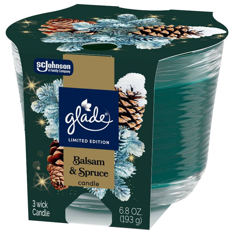 slide 10 of 11, Glade 3 Wick Holiday Scented Christmas Candle for Stocking Stuffers - Balsam & Spruce - 6.8oz, 6.8 oz