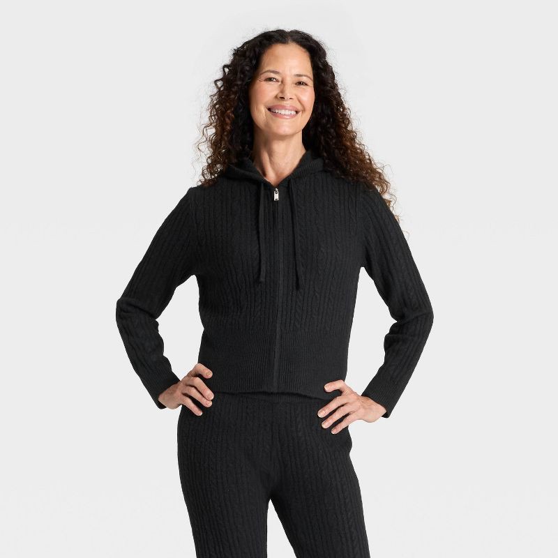 slide 1 of 3, Women's Cozy Zip-Up Hoodie Cardigan Sweater - Universal Thread™ Black XS, 1 ct