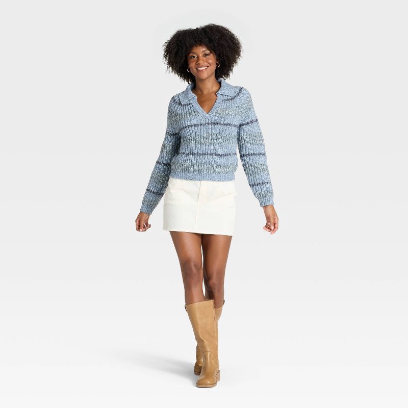 slide 3 of 3, Women's Chunky Polo Collar Pullover Sweater - Universal Thread™ Blue Striped M, 1 ct