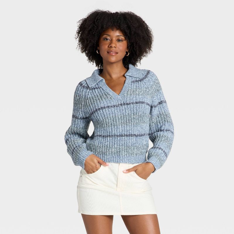 slide 1 of 3, Women's Chunky Polo Collar Pullover Sweater - Universal Thread™ Blue Striped XL, 1 ct