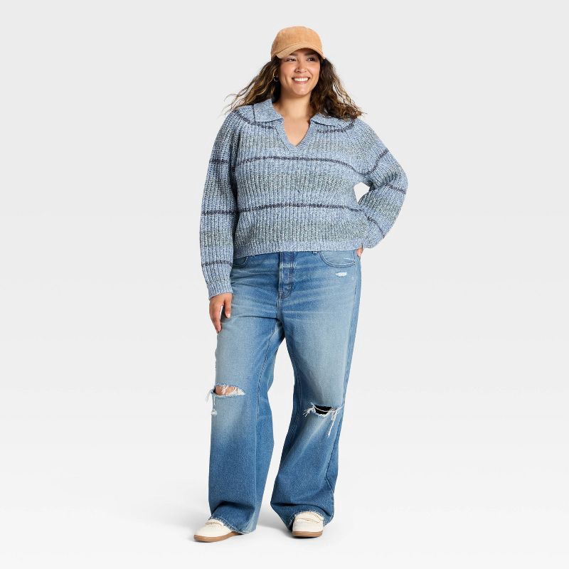 slide 3 of 3, Women's Chunky Polo Collar Pullover Sweater - Universal Thread™ Blue Striped XXL, 1 ct