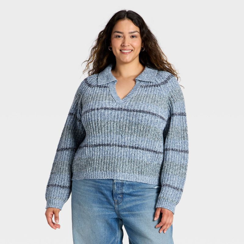 slide 1 of 3, Women's Chunky Polo Collar Pullover Sweater - Universal Thread™ Blue Striped XXL, 1 ct