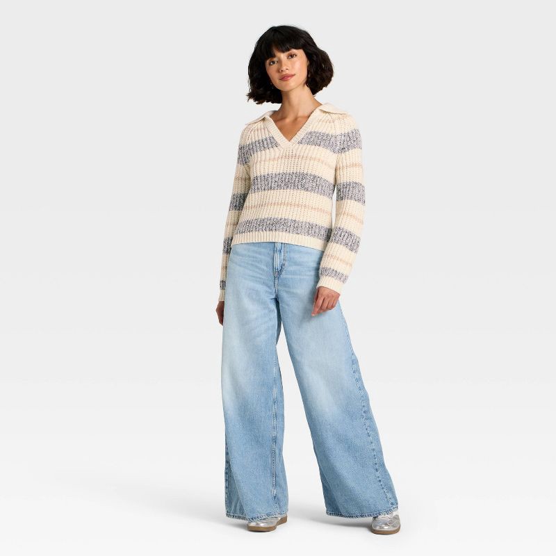 slide 3 of 3, Women's Chunky Polo Collar Pullover Sweater - Universal Thread™ White/Navy Striped XS, 1 ct