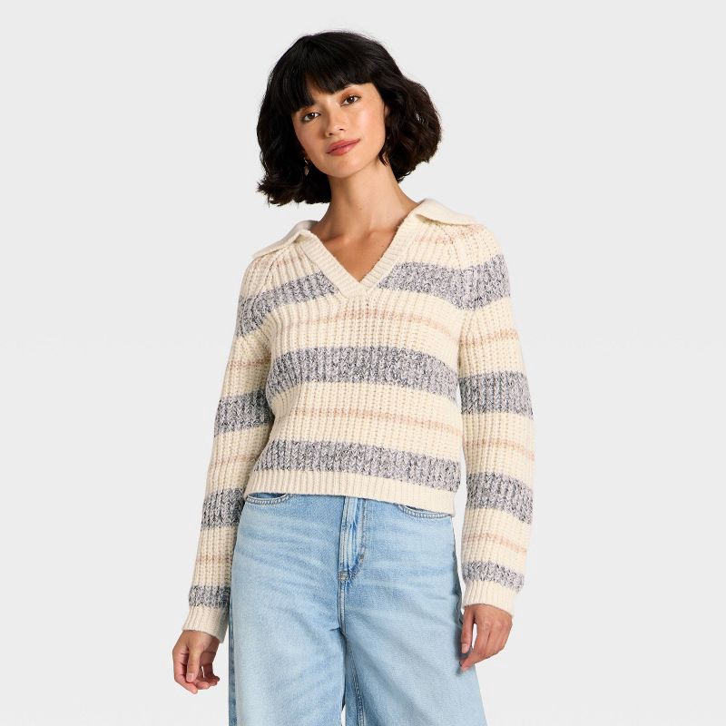 slide 1 of 3, Women's Chunky Polo Collar Pullover Sweater - Universal Thread™ White/Navy Striped S, 1 ct
