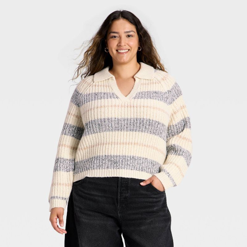 slide 1 of 3, Women's Chunky Polo Collar Pullover Sweater - Universal Thread™ White/Navy Striped XXL, 1 ct