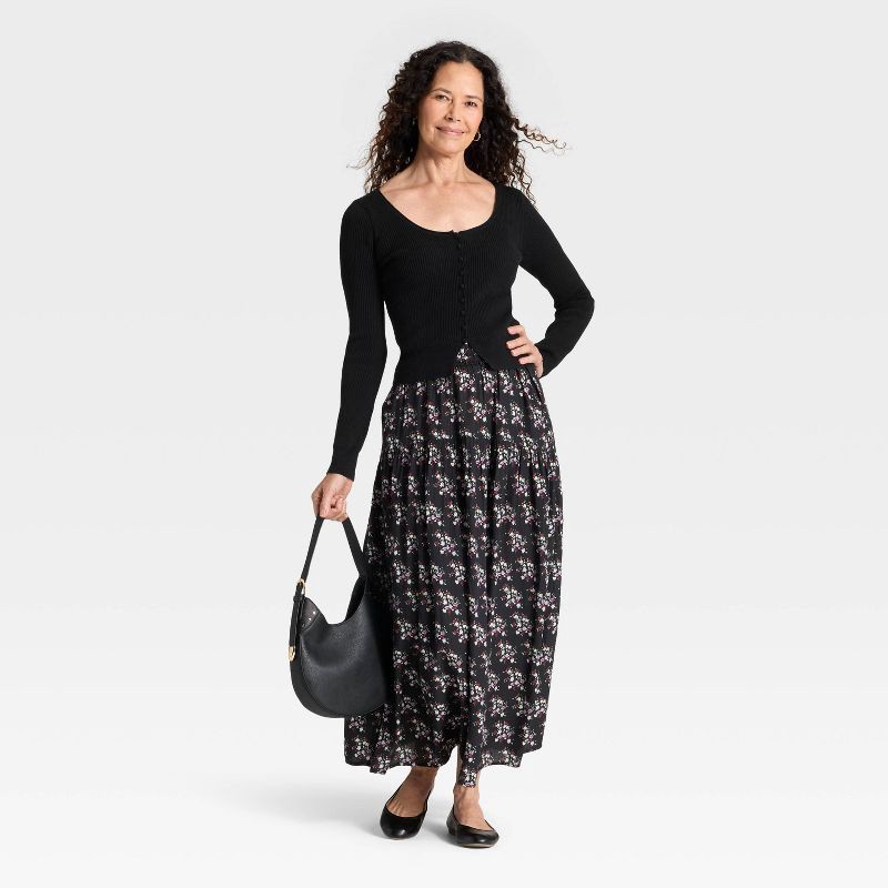 slide 3 of 3, Women's Scoop Neck Cardigan Sweater - Universal Thread™ Black S, 1 ct