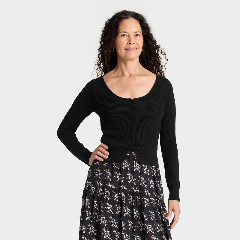 slide 1 of 3, Women's Scoop Neck Cardigan Sweater - Universal Thread™ Black XL, 1 ct