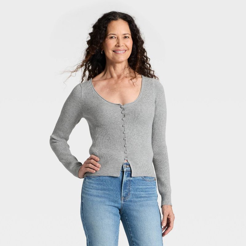 slide 1 of 3, Women's Scoop Neck Cardigan Sweater - Universal Thread™ Gray S, 1 ct